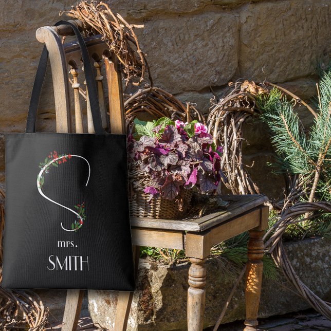 Watercolor wildblommor monogram vit röd svart svar tygkasse (Skapare uppladdad)