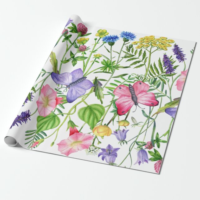 Watercolor Wildblommor och Butterflies Colorful Presentpapper (Utrullad)