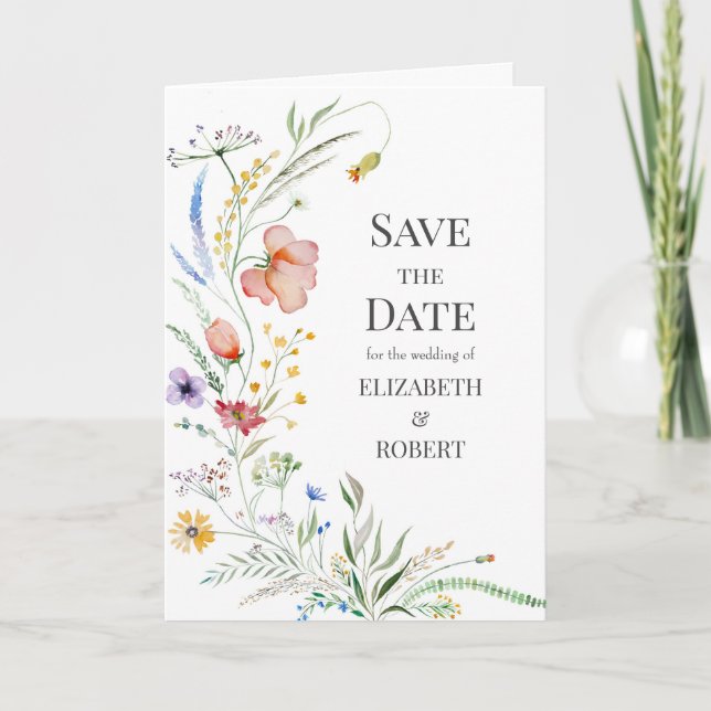 Watercolor Wildblommor Photo Save Date Card Inbjudan (Framsida)