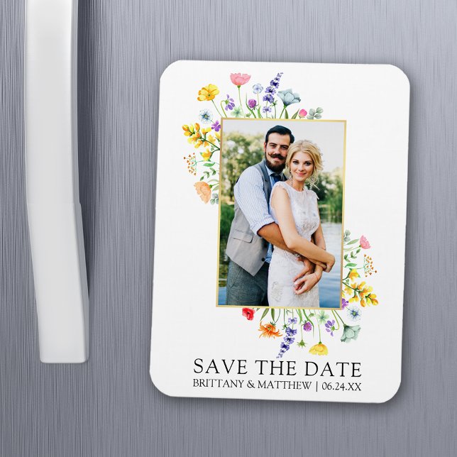 Watercolor Wildblommor Photo Save Date Magnet (Customize to change text size, color or text style.)