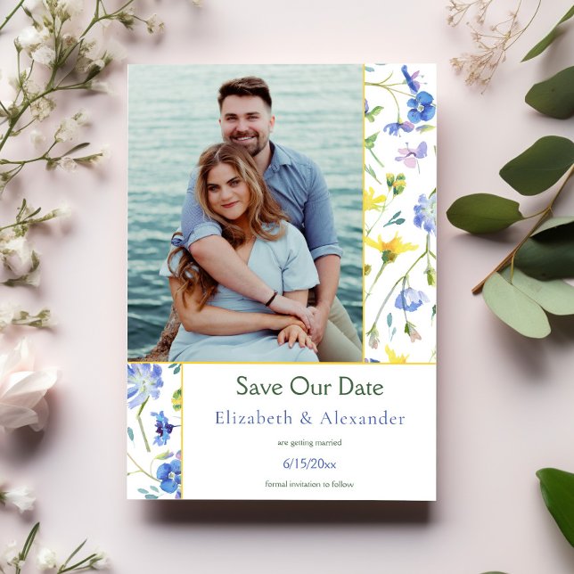 Watercolor Wildblommor Photo Save Date Meddelande (Watercolor Wildflowers Photo Save the Date)