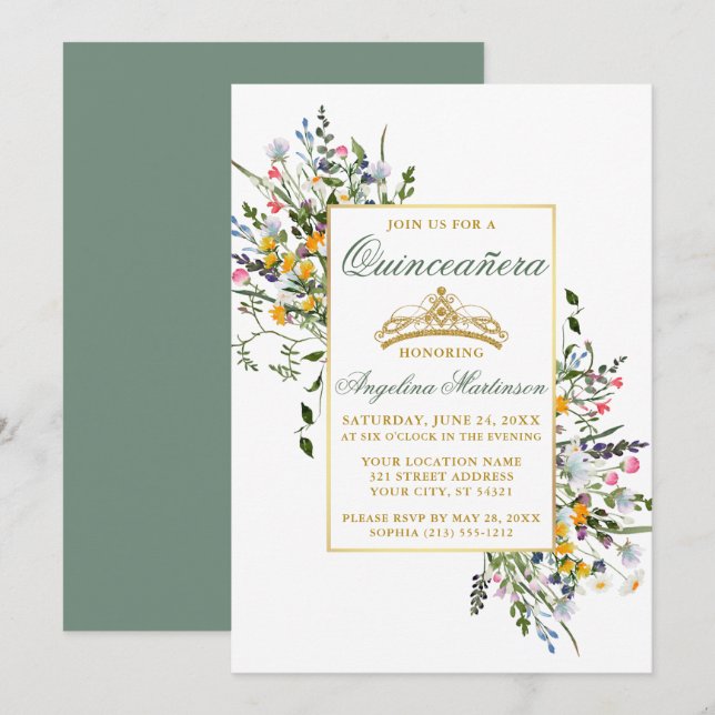Watercolor Wildblommor Quinceanera Sage Grönt Inbjudningar (Fram/baksida)