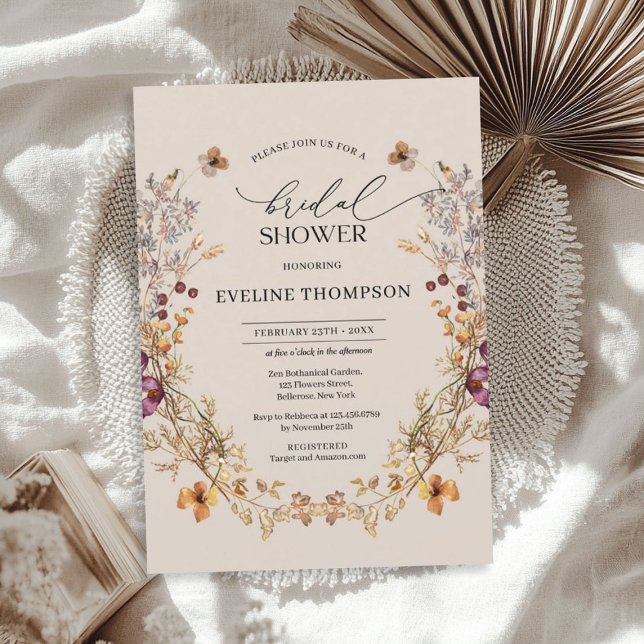 Watercolor wildblommor wandemauve orange inbjudningar (Watercolor wildflowers wreath mauve orange invitation)