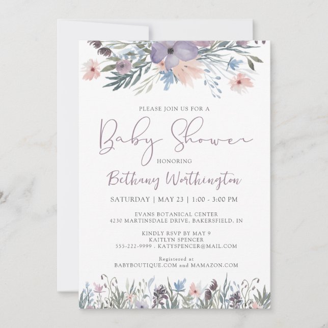 Watercolor Wildblommors Violet Baby Shower Inbjudningar (Framsida)