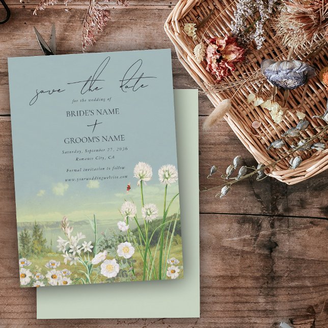 Watercolor WildblomMountain Ligcape Bröllop Spara Datumet (Watercolor Wildflower Mountain Landscape Wedding Save The Date)