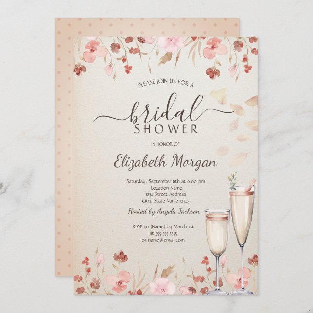 Watercolor WildblommPetals Prosecco Inbjudningar (Fram/baksida)