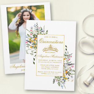 Watercolor WildblommPhoto Guld Quinceanera Inbjudningar
