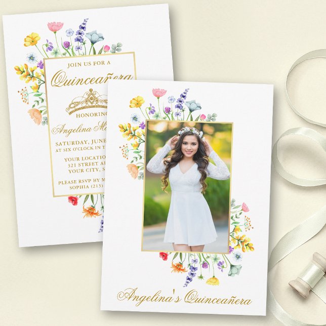 Watercolor WildblommPhoto Quinceanera Guld Inbjudningar (Customize to change text color, size or style.)