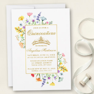 Watercolor WildblommQuinceanera Guld Inbjudningar