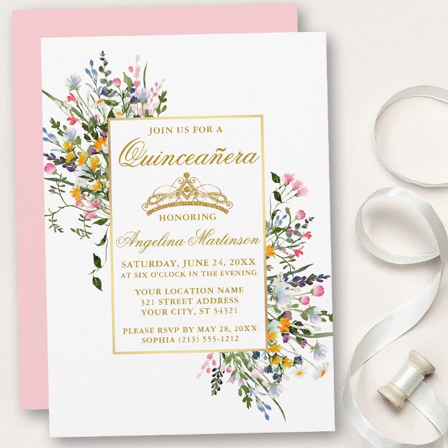 Watercolor WildblommQuinceanera Rosa  Inbjudningar (Customize to change text color, style, add text & photos to back or change color of back of card.)