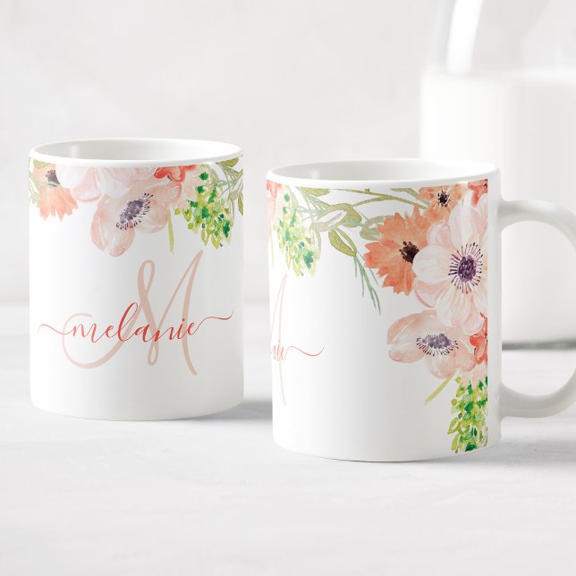Watercolor WildblommRosa Anpassningsbar Monogram N Kaffemugg (Skapare uppladdad)