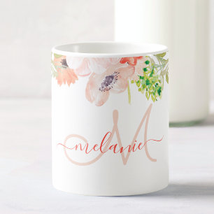 Watercolor WildblommRosa Anpassningsbar Monogramme Kaffemugg