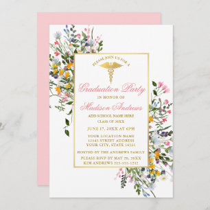 Watercolor WildblommRosa Guld Nurse Studenten Inbjudningar