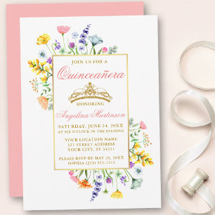Watercolor WildblommRosa Guld Quinceanera Inbjudningar