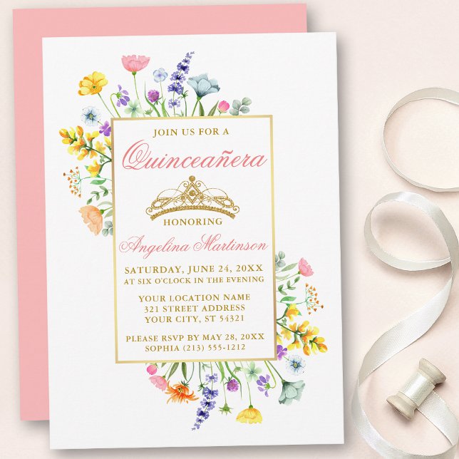 Watercolor WildblommRosa Guld Quinceanera Inbjudningar (Customize to change text color, text style or color of back of card.)