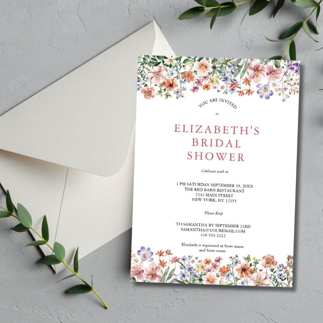 Watercolor WildblommRosa Lila Möhippa Inbjudningar (Watercolor Wildflowers Bridal Shower invitation. Pink Purple, Printed or Instant digital download)