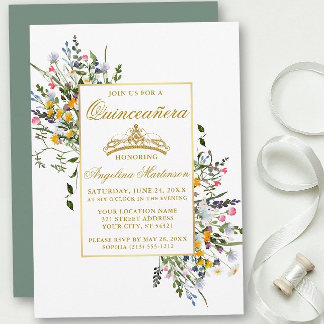 Watercolor WildblommSage Grönt Quinceanera Inbjudningar (Customize to change text size, text style or color of back of card.)