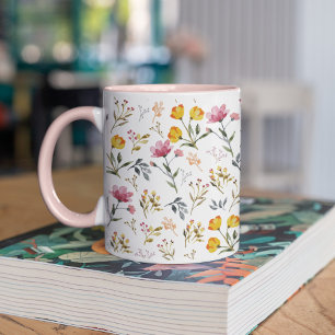 Watercolor WildblommWhite Rosa Mugg