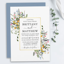 Watercolor Wildblommy Bröllop Guld Dusty Blue