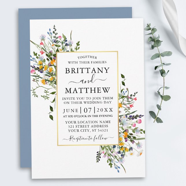 Watercolor Wildblommy Bröllop Guld Dusty Blue Inbjudningar (Customize to change text color, style, add text & photos to back or change color of back of card.)