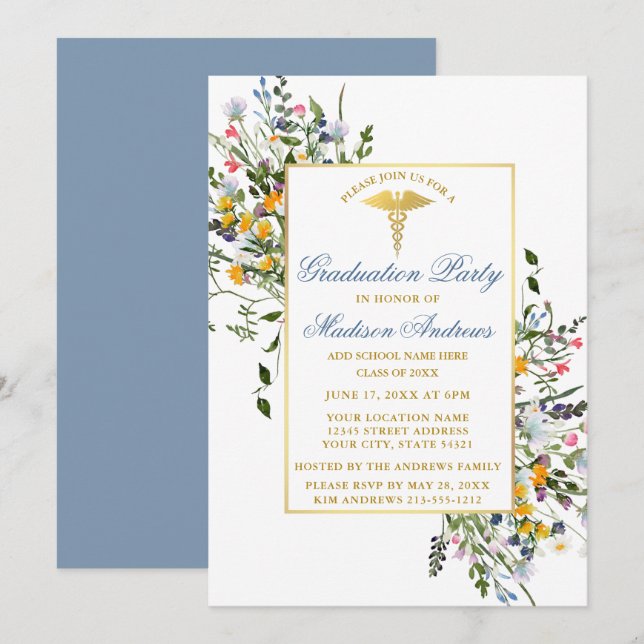Watercolor Wildblommy Dusty Blue Nurse Grad Party Inbjudningar (Fram/baksida)
