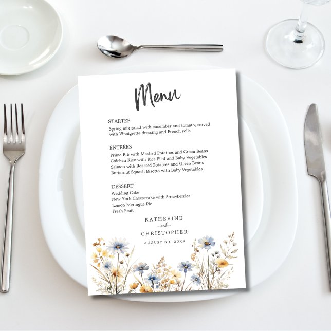Watercolor Wildblommy Elegant Dusty Blue Bröllop Meny (Watercolor Wildflower Elegant Dusty Blue Wedding Menu with Menu Options, Couple Names, Date.)