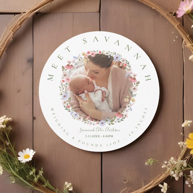 Watercolor Wildbloms Blommigt Wandeand Photo Baby Meddelande (Watercolor Wildflower Floral Wreath Photo Baby Announcement)