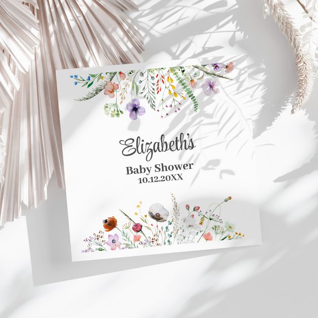 Watercolor Wildbloms Meadow Baby Shower Pappersservett (Watercolor Wildflower Meadow Baby Shower Napkins on a sunny white table.)