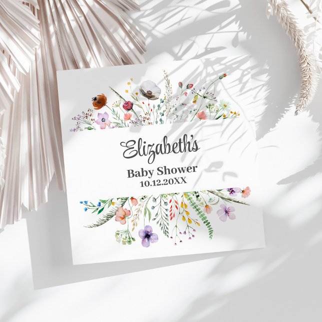 Watercolor Wildbloms Meadow Baby Shower Pappersservett (Watercolor Wildflower Meadow Baby Shower Napkins on a sunny white table.)