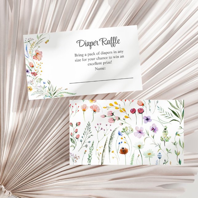 Watercolor Wildbloms Meadow Diaper Raffle Tilläggskort (Watercolor Wildflower Meadow Diaper Raffle Enclosure Card on a white dry palm leaf.)