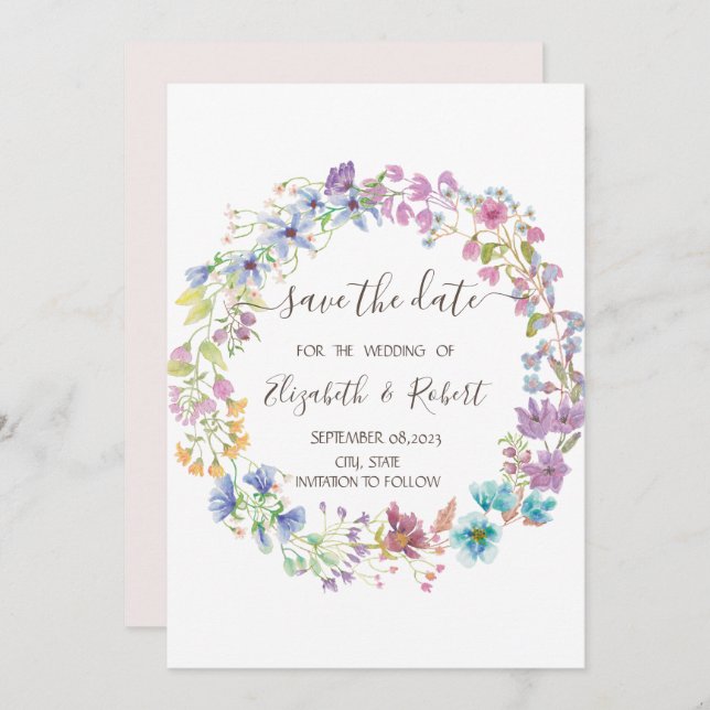 Watercolor Wildbloms Meadow WAN Save Date Spara Datumet (Fram/baksida)