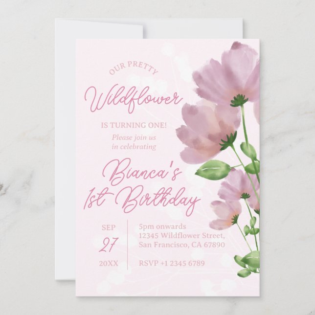 Watercolor Wildbloms Rosa 1:a födelsedag Inbjudningar (Framsida)