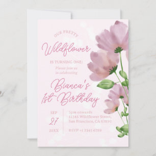 Watercolor Wildbloms Rosa 1:a födelsedag Inbjudningar