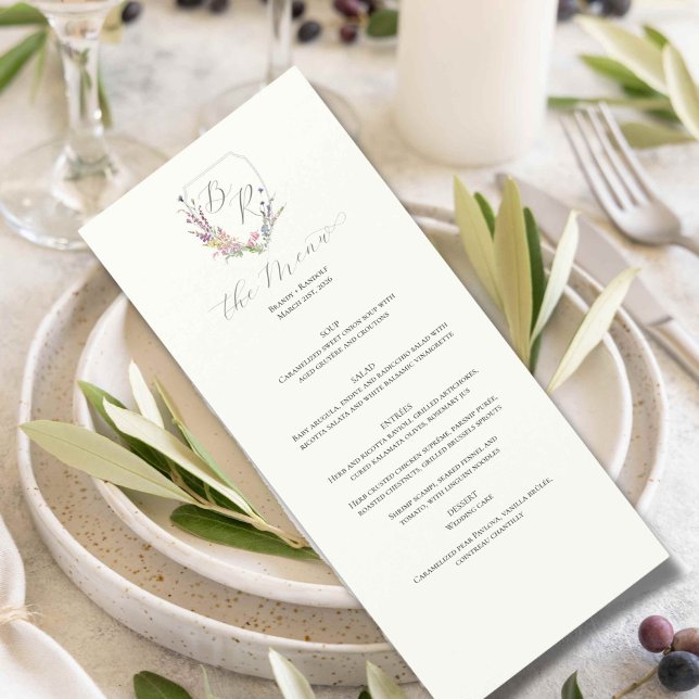 Watercolor Wildbloms Vapensköld Menu Meny (Wildflower menu  for a wedding place setting)