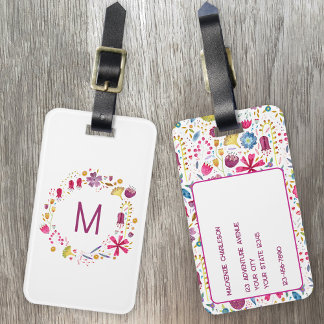 Watercolor Wildbloms Wandeand Monogram Personlig Bagagebricka