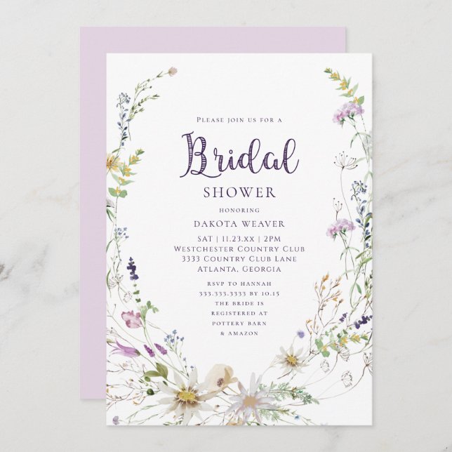 Watercolor Wildbloms Wandeans Möhippa Inbjudningar (Fram/baksida)