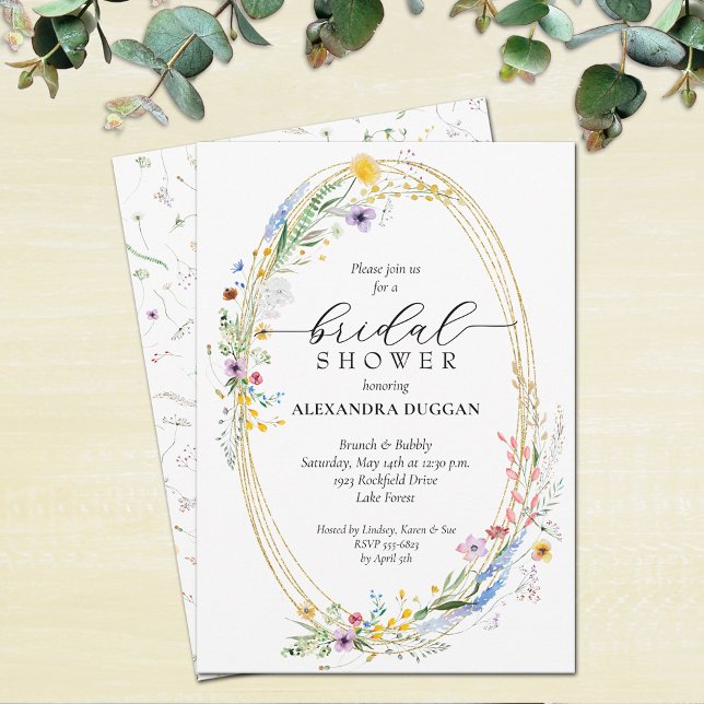 Watercolor Wildbloms Wandeans Möhippa Inbjudningar (Watercolor wreath of wildflowers bridal shower invitations - INSTANT DOWNLOAD, PRINTED or both)