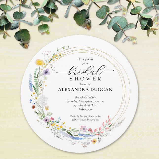 Watercolor Wildbloms Wandeans Möhippa Round Inbjudningar (Watercolor wildflower wreath bridal shower round invitations)