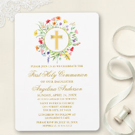 Watercolor Wildbloms WandeFirst Communion Guld Inbjudningar