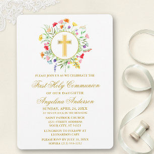 Watercolor Wildbloms WandeFirst Communion Guld Inbjudningar