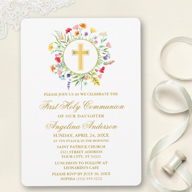 Watercolor Wildbloms WandeFirst Communion Guld Inbjudningar (Customize to change text color, size, style or to add photos or more text to back of card.)