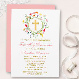 Watercolor Wildbloms WandeGuld Rosa Communion Inbjudningar