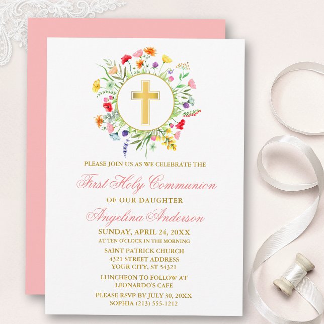 Watercolor Wildbloms WandeGuld Rosa Communion Inbjudningar (Customize to change text color, size, style or to change color of back of card.)
