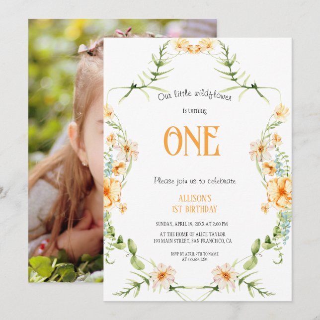 Watercolor Wildflower 1st Birthday Mauve Girl  Inbjudningar (Fram/baksida)