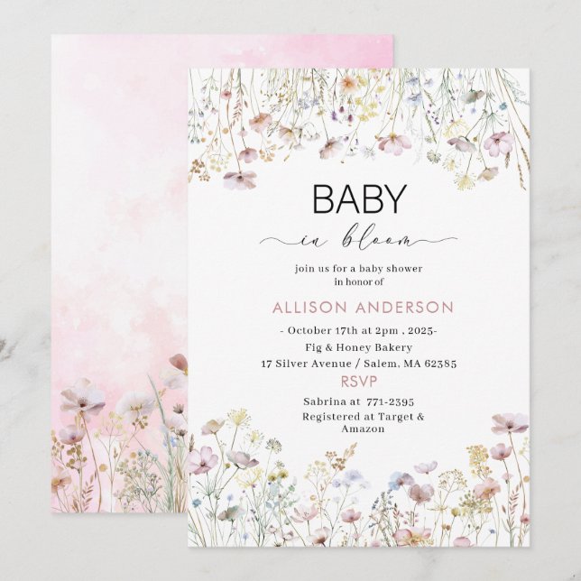 Watercolor Wildflower  Baby in Bloom Baby shower Inbjudningar (Fram/baksida)