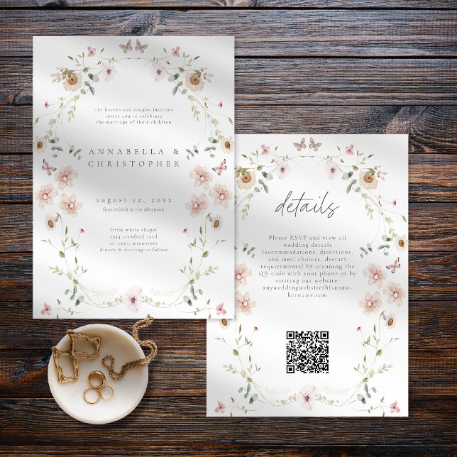 Watercolor Wildflower Butterfly Modern Wedding Inbjudningar (Watercolor Wildflower Butterfly Modern Wedding Invitation)