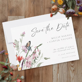 Watercolor Wildflower Butterfly Modern Wedding Spara Datumet