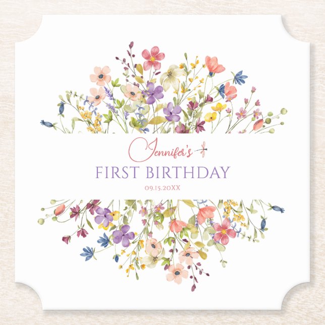 Watercolor Wildflower Girl 1st Birthday Drink Underlägg Papper (Framsida)