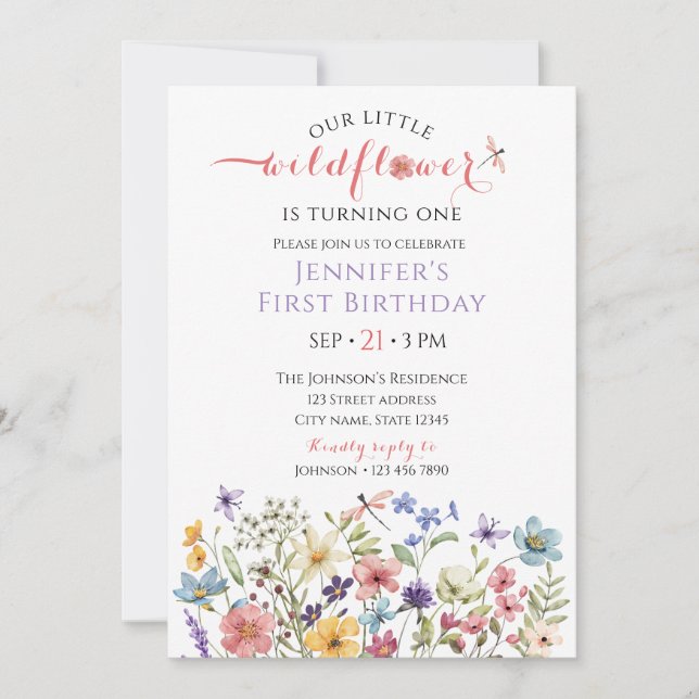 Watercolor Wildflower Girl 1st Birthday Invitation Inbjudningar (Framsida)