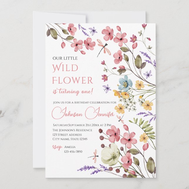 Watercolor Wildflower Girl 1st Birthday Invitation Inbjudningar (Framsida)